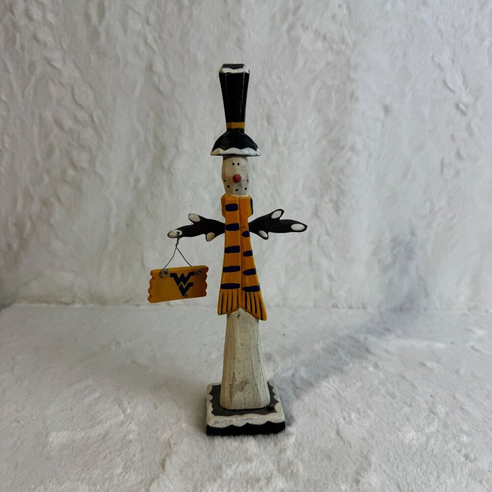 Hand-Painted Snowman Figurine With Scarf & WVU Sign Winter Decor skinny folkart